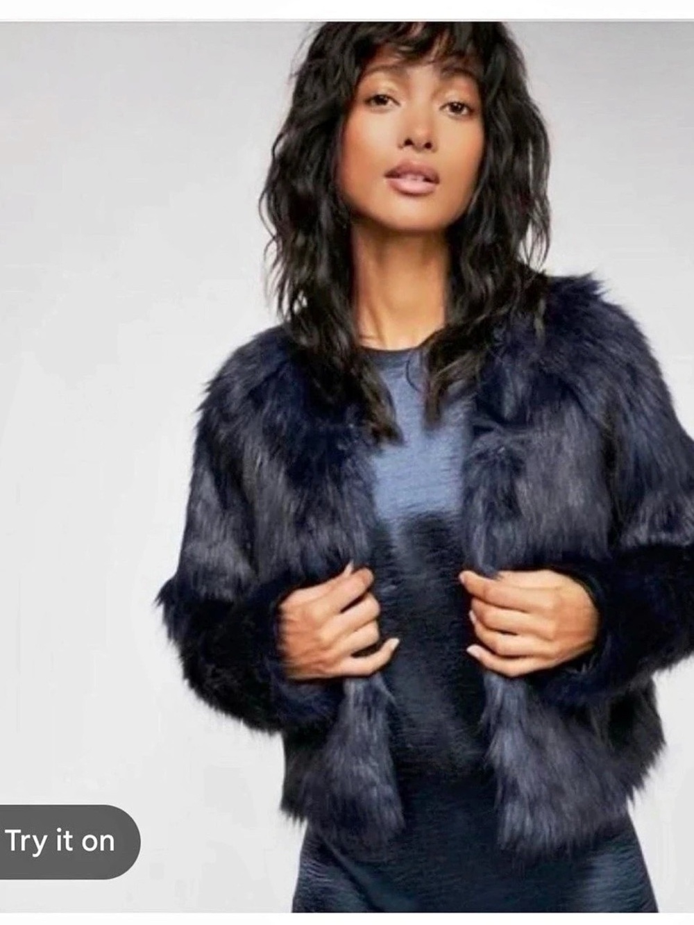 Free People Supernova Cropped Faux Fur Jacket Navy S